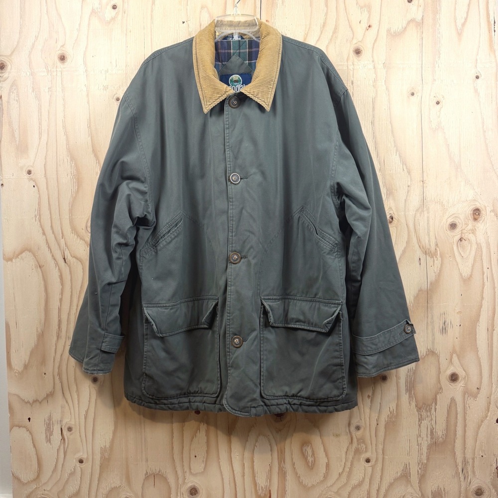Woodlake Chore Barn Jacket Mens XL Green Plaid Lined Corduroy Collar Canvas